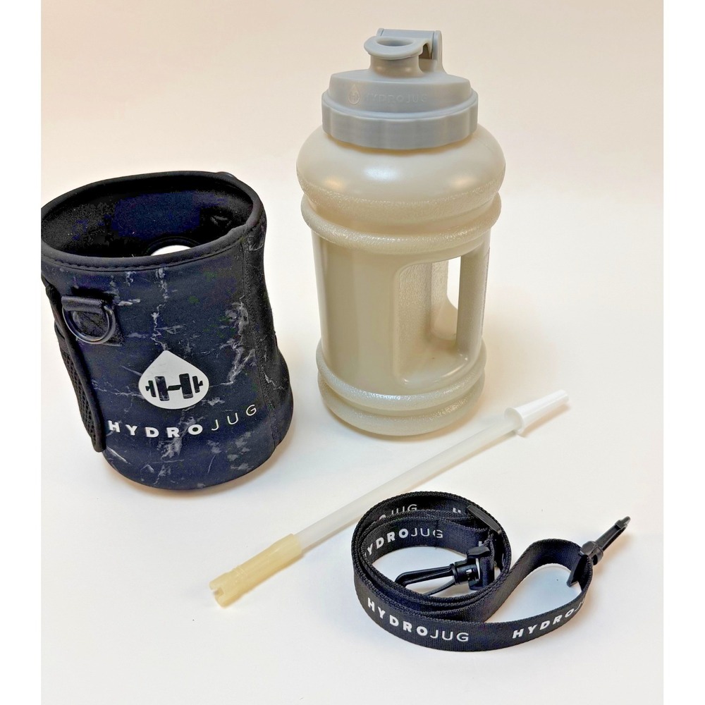 HydroJug 73oz Orig Pro‎ jug Water Bottle Black Gray Marble Sleeve, Strap & Straw